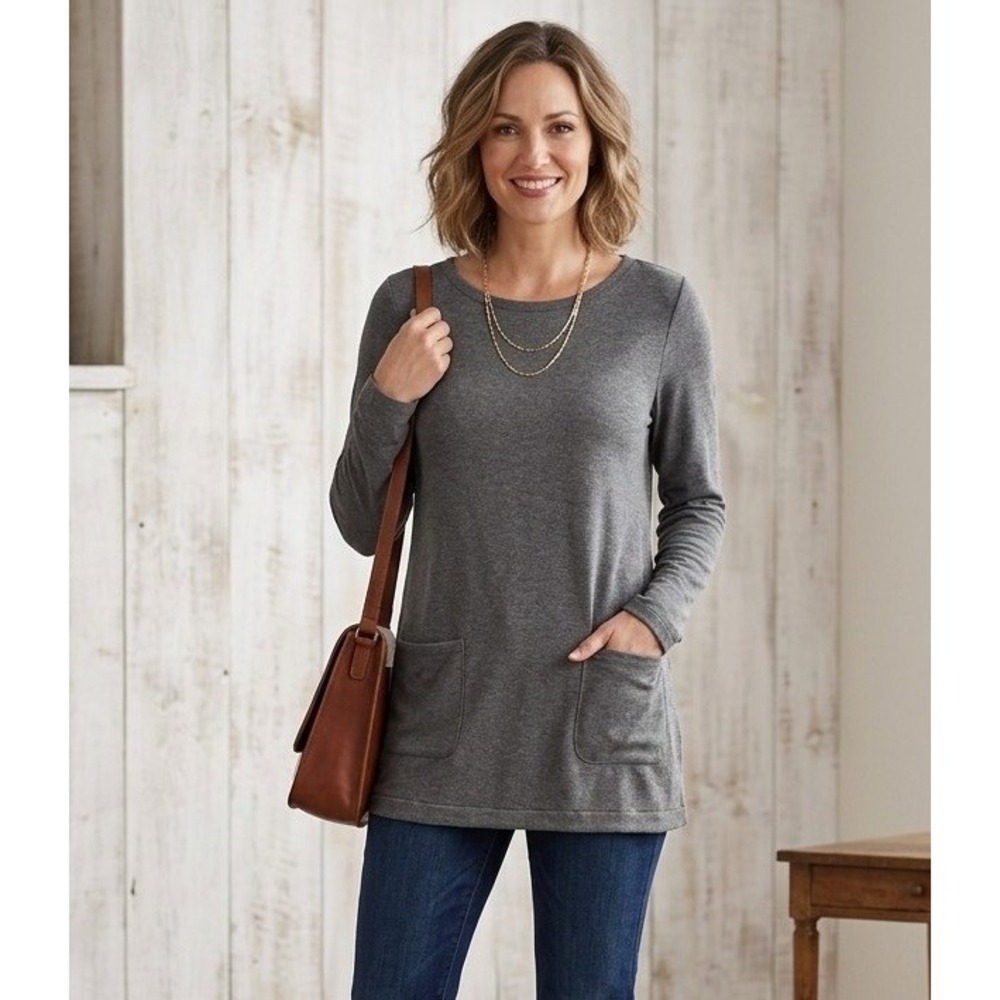 Pure Jill S Charcoal Gray Tunic Top Long Sleeve Crew‎ Neck Pockets Fleece-Lined
